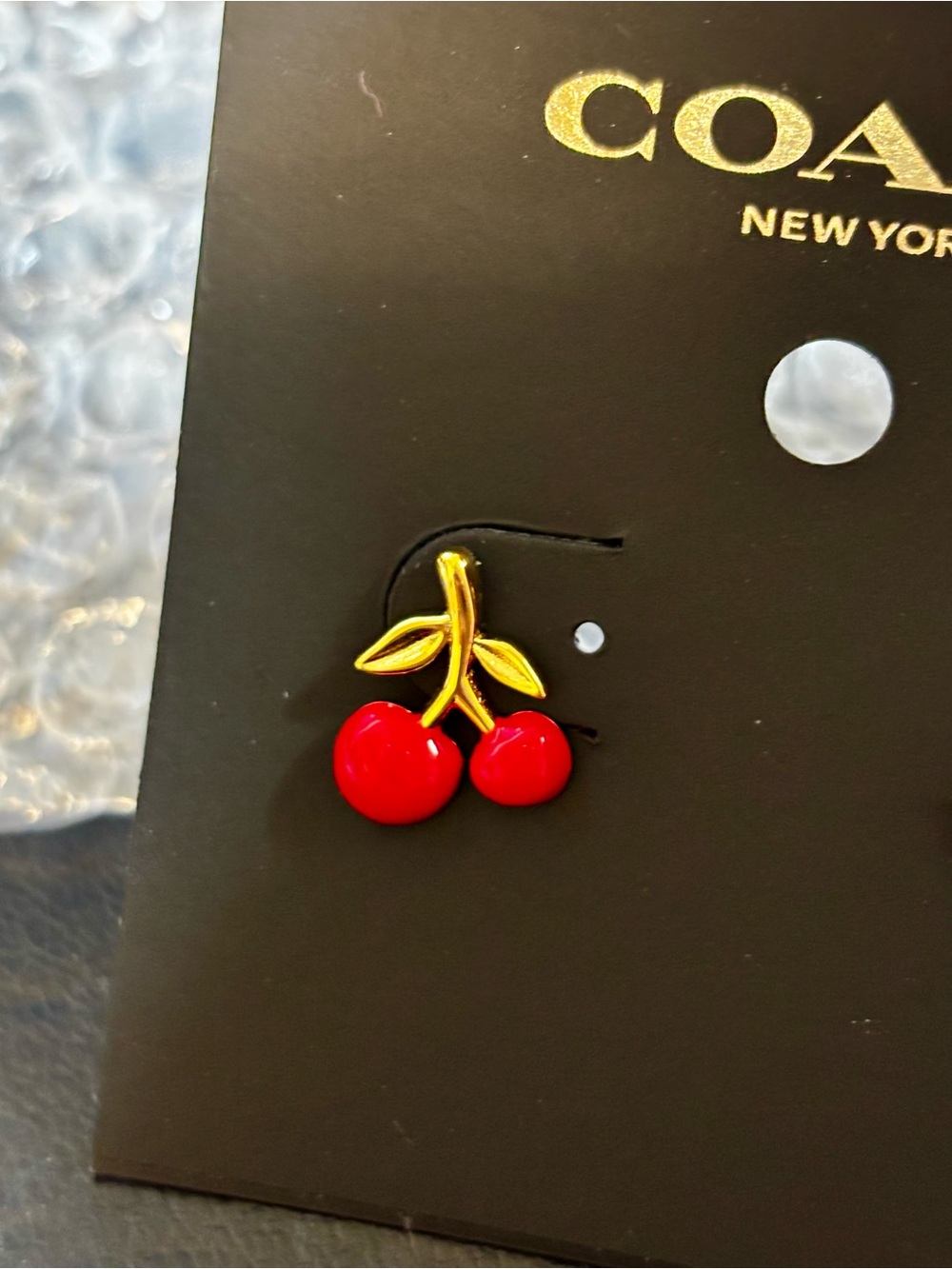 Coach Red Cherry Stud Earrings with Gold-Tone Stems - Picture 2 of 3